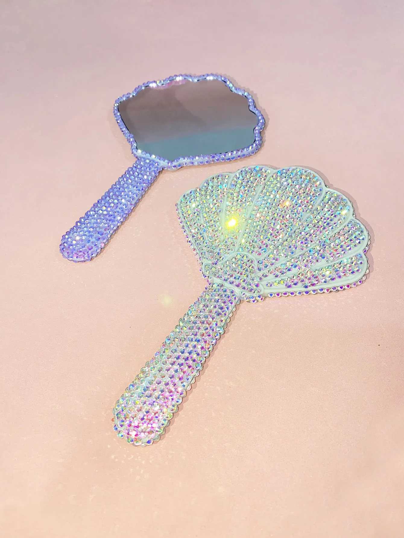 Diamond-encrusted Shell Hand-held Plastic Makeup Mirror Girls Cosmetic Mirror Creative Handmade DIY Small MirrorXJ241213
