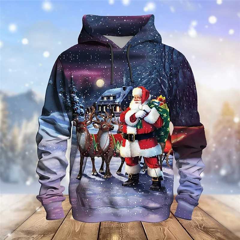 3D printed fun Santa Claus mens hoodie with reindeer pattern Christmas long sleeved casual sports shirt unisex loose hoodie W241213
