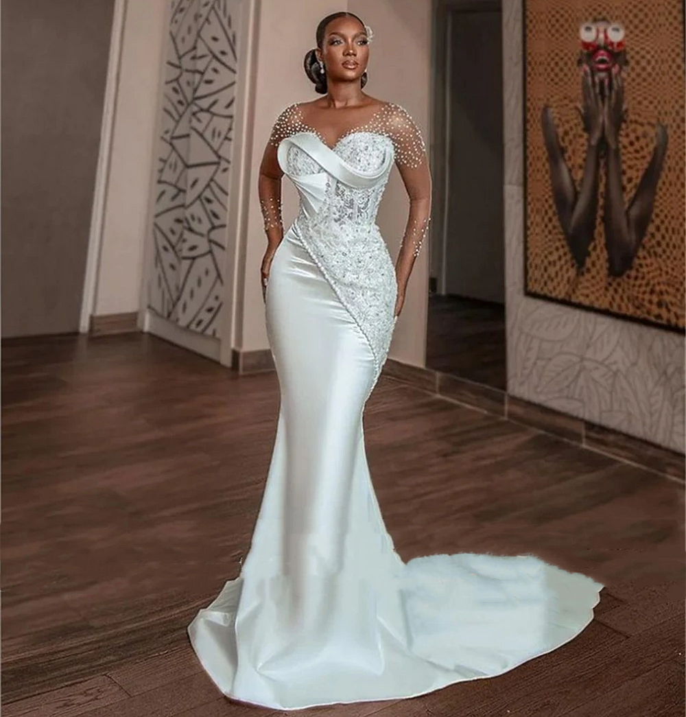 Crystals Pearls Beaded Mermaid African Wedding Dress Long Sleeves Aso Ebi Engagement Gowns Lace Appliques Corset Elegant Bridal Dress 2025