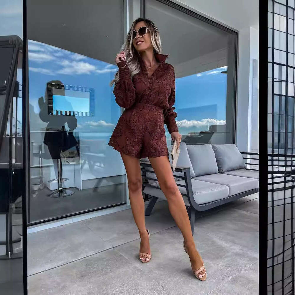 European And American New Product Temperament Women's Casual Fashion Solid Color Lace Multi Button Set Long Sleeved Top+Shorts Fashionable Qualit
