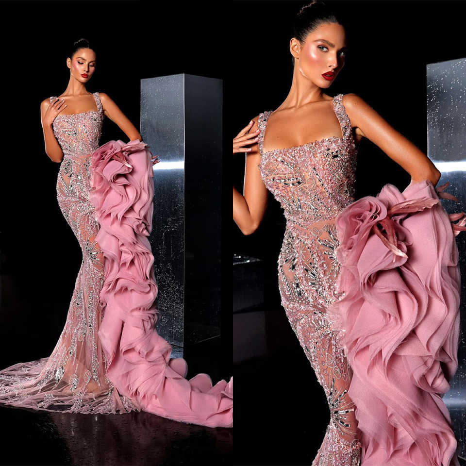 Gorgeous Evening Dresses For Women Square Collar Sleeveless Gown Sequins Crystal Ruffles Sweep Train Customized Dress