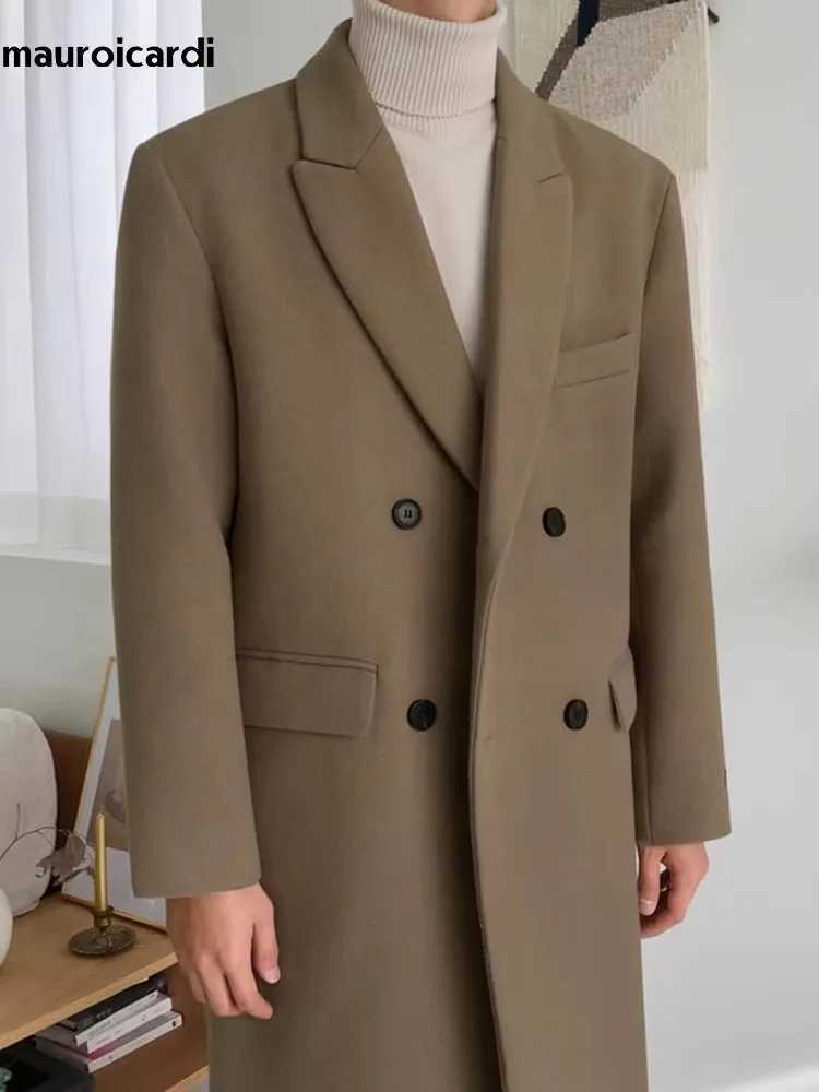 Mauroicardi Autumn Winter Long Warm Camel Black Woolen Coat Men Double Breasted Korean Style Wool Blends Overcoat with Back SlitXJ241212