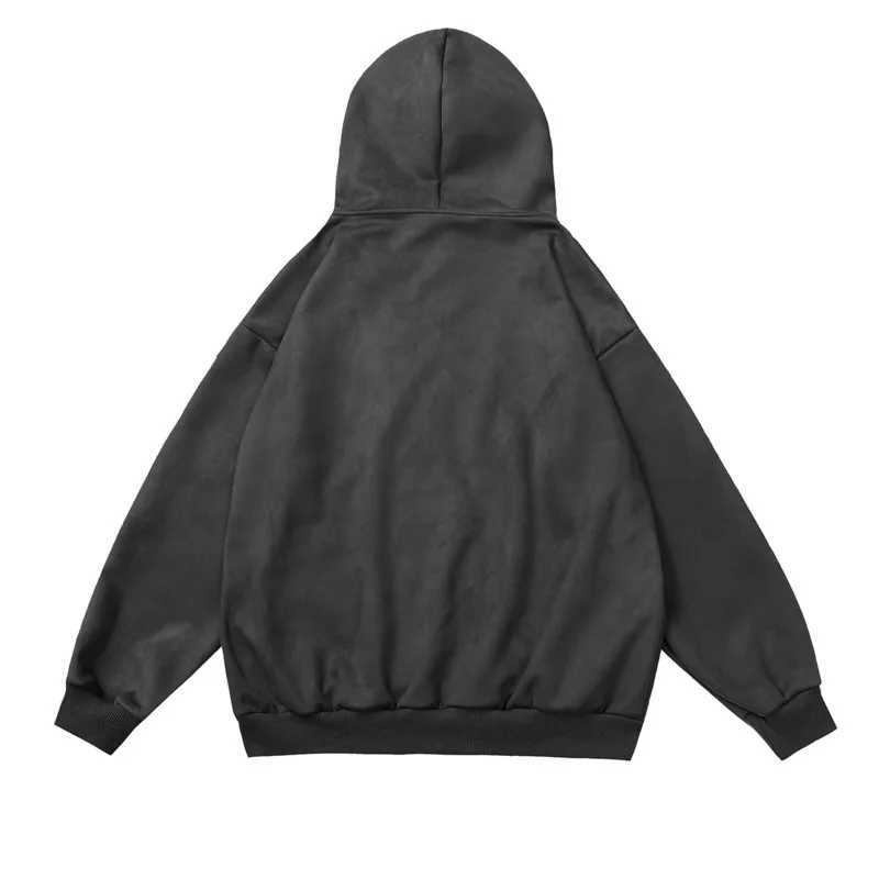 Mens and womens retro couple loose jacket American high street suede steel stamp letter graffiti cardigan hooded sweatshirt W241213