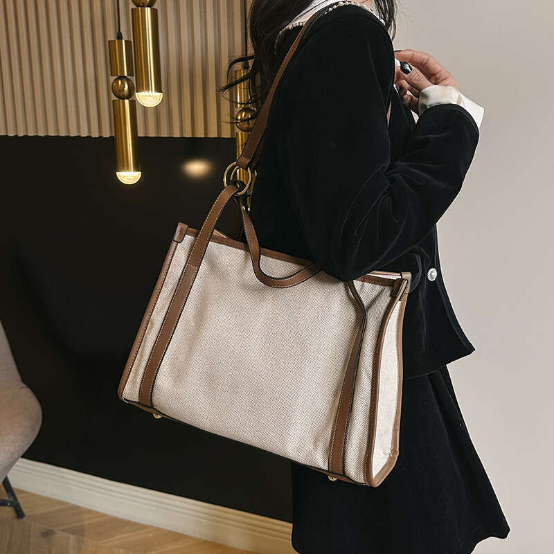 Wholesale Canvas Contrasting Single Shoulder Women's New Retro Trendy Fashion, Large Capacity Commuting Tote Bag, Fashionable Quality, Classic
