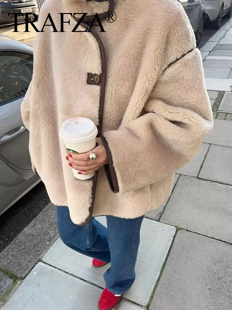 TRAFZA 2024 Winter Female Beige Casual Thick Faux Fur Coat Fashion Woman With Buttons Long Sleeve Fleece Jacket Outerwear 241212