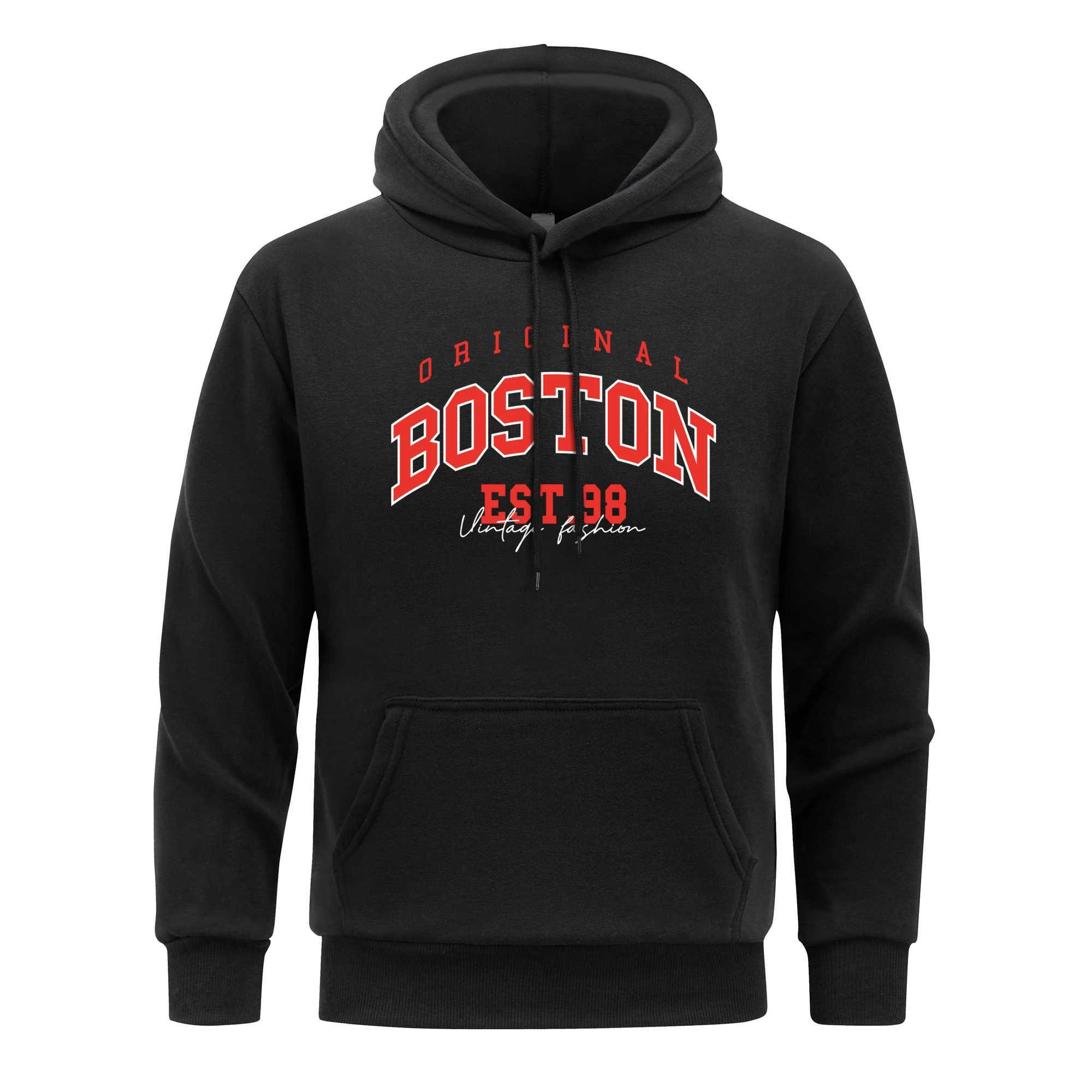 America Original Boston City Letter Print Men Hoodie Fur-liner Pullover Black Loose Fleece Hoodies Man Hoody Casual Clothing W241213