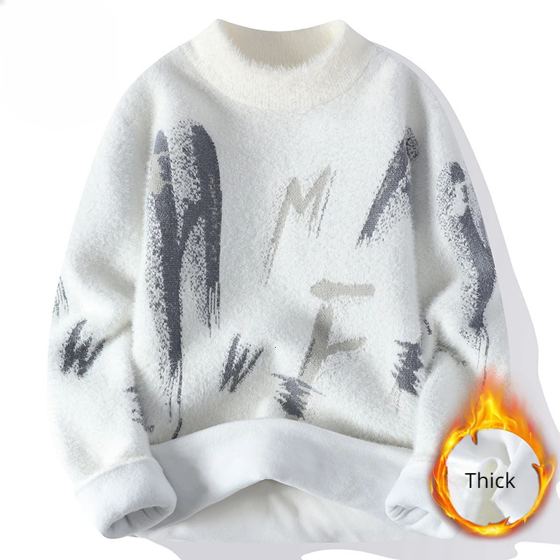 Winter Knitted Sweater Men Letter Fashion Casual Knitwear Warm Mock Neck Pullover Clothing Korean Youth 241213