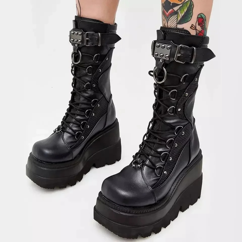 Womens Gothic Platform Boots Fashion Rivet Buckle Punk Wedge High Heels Womens Party Shoes Role Playing Womens Shoes 241213