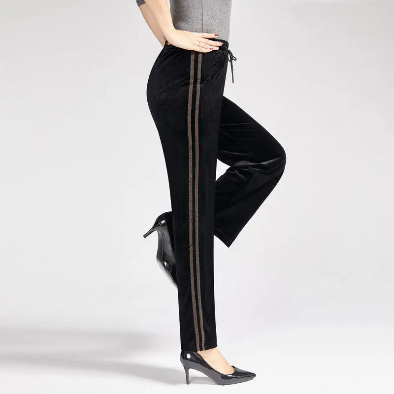 Winter womens gold velvet pants casual loose straight pants womens autumn elastic waist Trousers 5XL black W24 241205