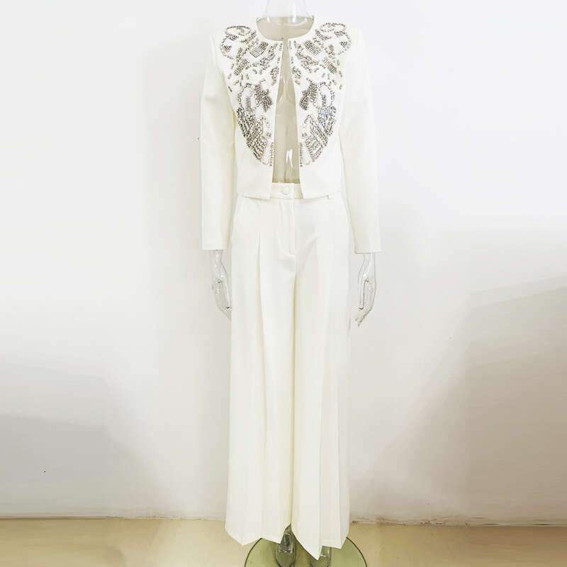 Ladies' Suit HIGH QUALITY Newest Designer Set Women's Dias Rhie Beaded Jacket Wide Leg Pants Suit