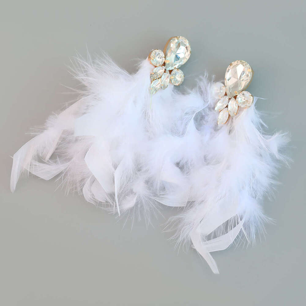 Long feather earrings, women's alloy dia inlaid ral tassels, artistic Bohemian jewelry