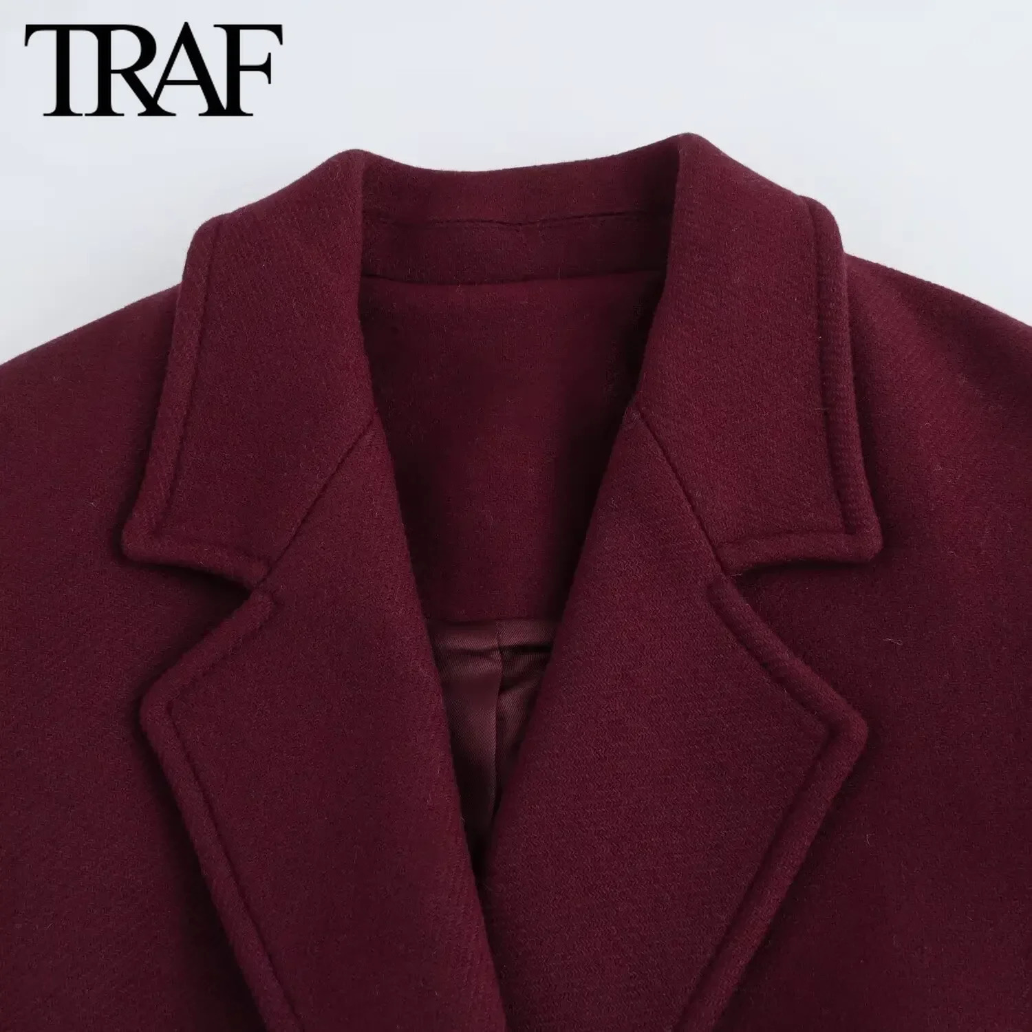 TRAF Burgundy Wine Red Wool Blended Overcoat for Women Fashion Winter Warm Double Breasted Lapel Long Coat Jacket 241213