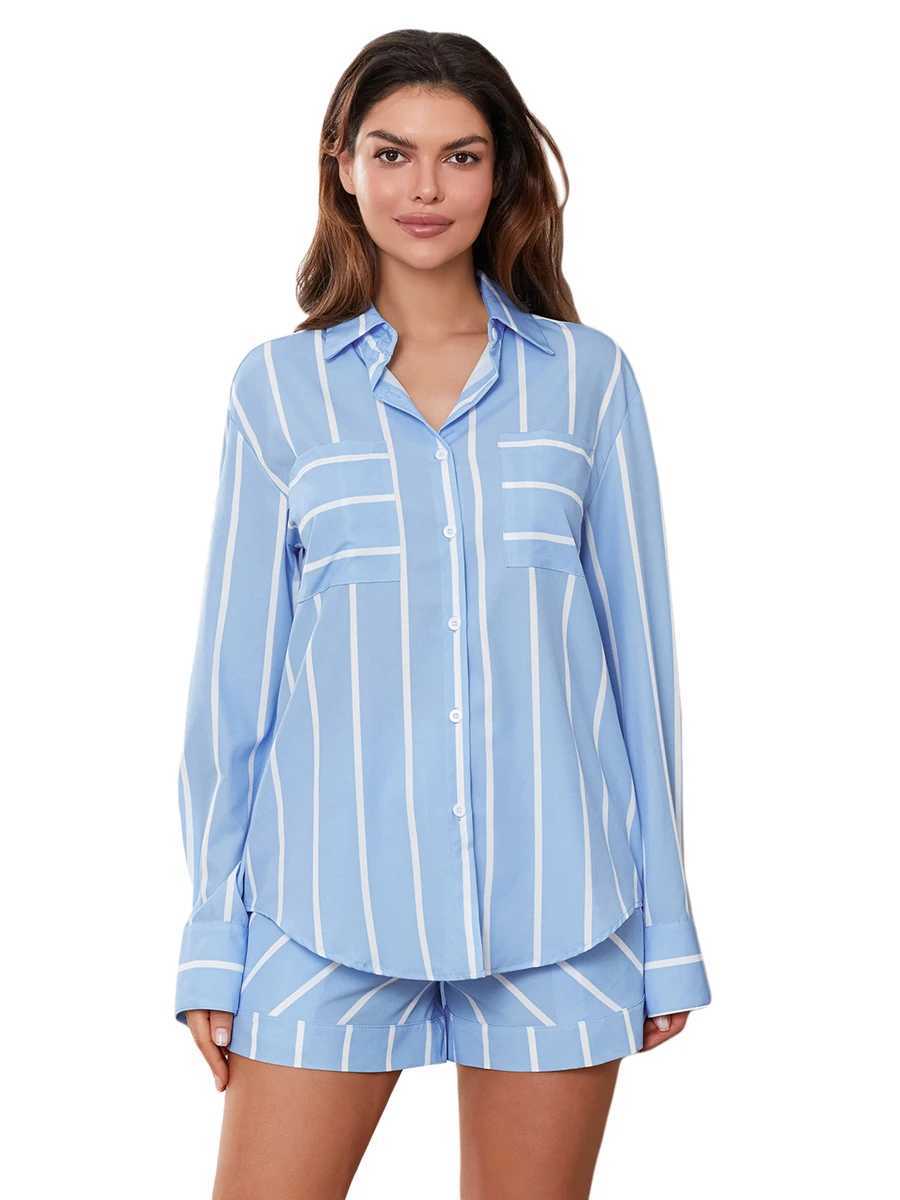 Women's Two Piece Pants Dourbesty Women Striped Print Long Slve Button Down Shirt + Shorts Set Loungewear Elegant Lady Spring Matching Suit Y2412
