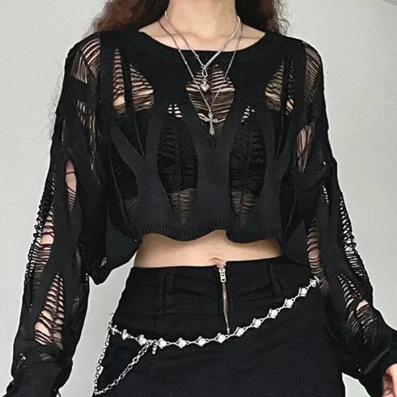Vintage Hole Ripped Knitted Smock Tops Sexy Fashion Cropped Pullover Hollow Out Spring Autumn Sweater Knitwear 241203
