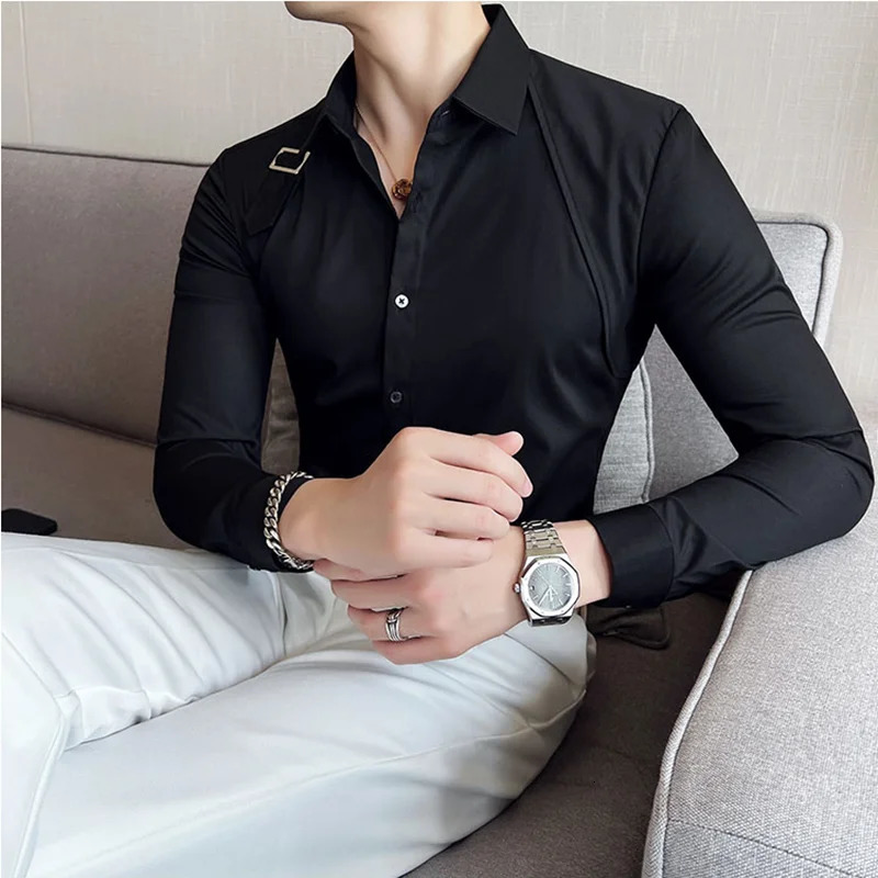 Strap Decorative Shirt Mens Clothing 2024 Korean Long Sleeved Slim Fit Casual Shirts Nightclub Prom Show Dress Shirt 241213bj