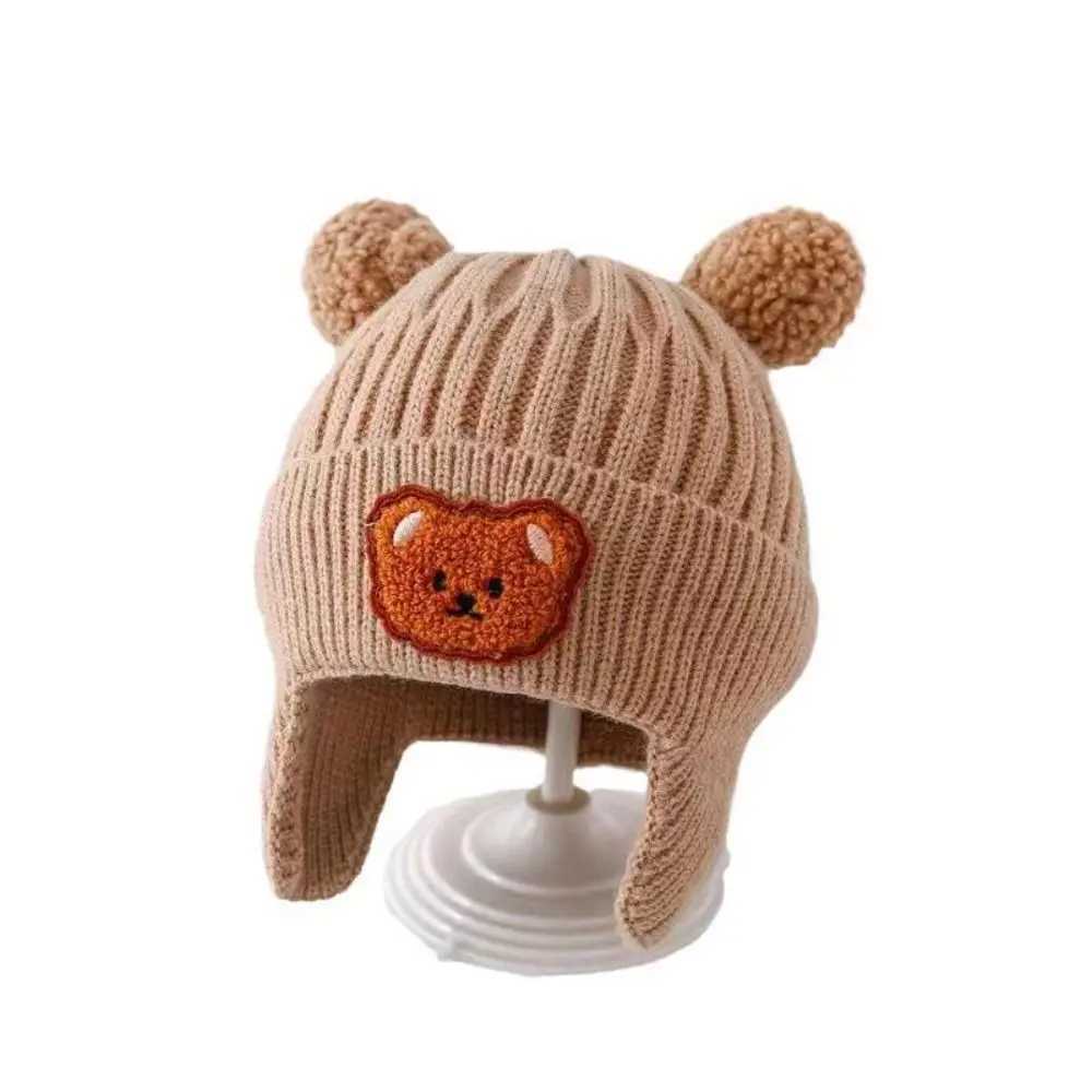 Bear Ear Protection Knitted Hat Winter Baby Beanie Cap for Toddler Boys Girls Cute Korean Warm Kids Crochet HatsXJ241213