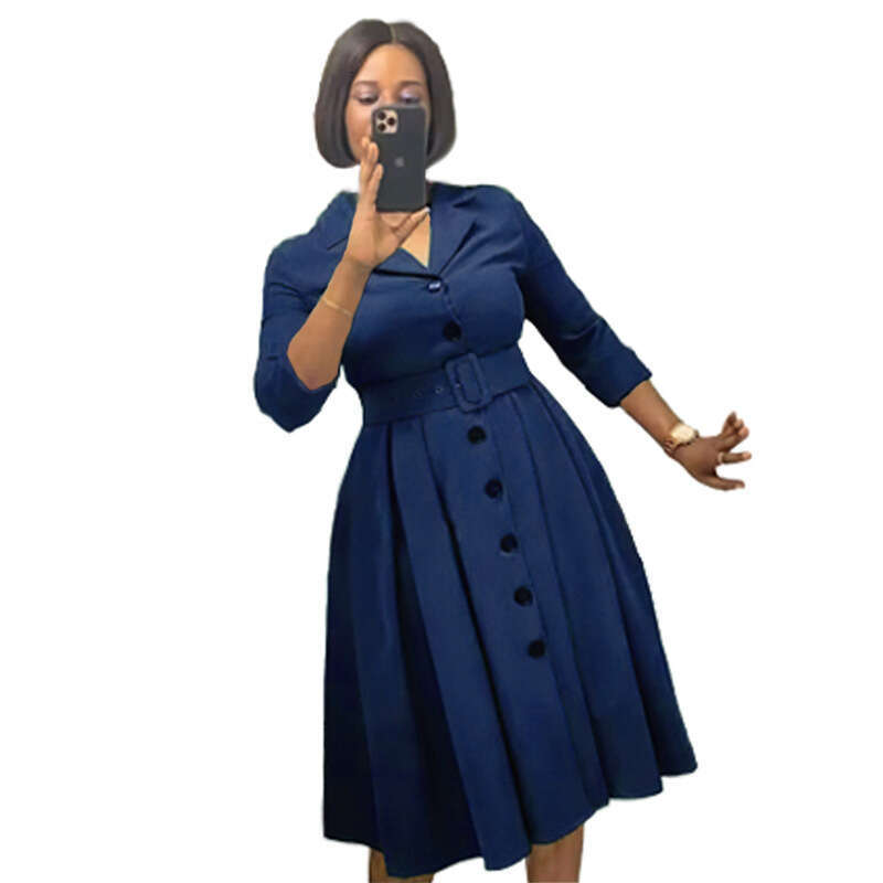 European And American New Casual Women's Clothing Solid Color Lapel Long Sleeved Multi Button Waist Cinched Dress With Belt Fashionable Quality C