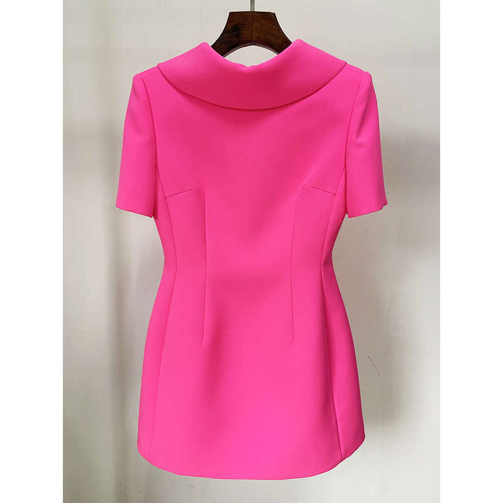 Skirt Set HIGH STREET Newest Fashion Designer Women's Eleagnt Short Sleeve Back V Bow Dress Hot Pink