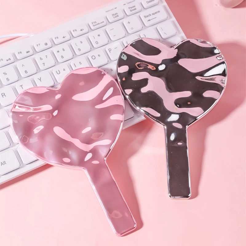 Portable Ins Liquid Shape Heart Mirror Handheld Desktop Cosmetic Mirror Makeup Mirror Travel Metallic High Definition MirrorXJ241213