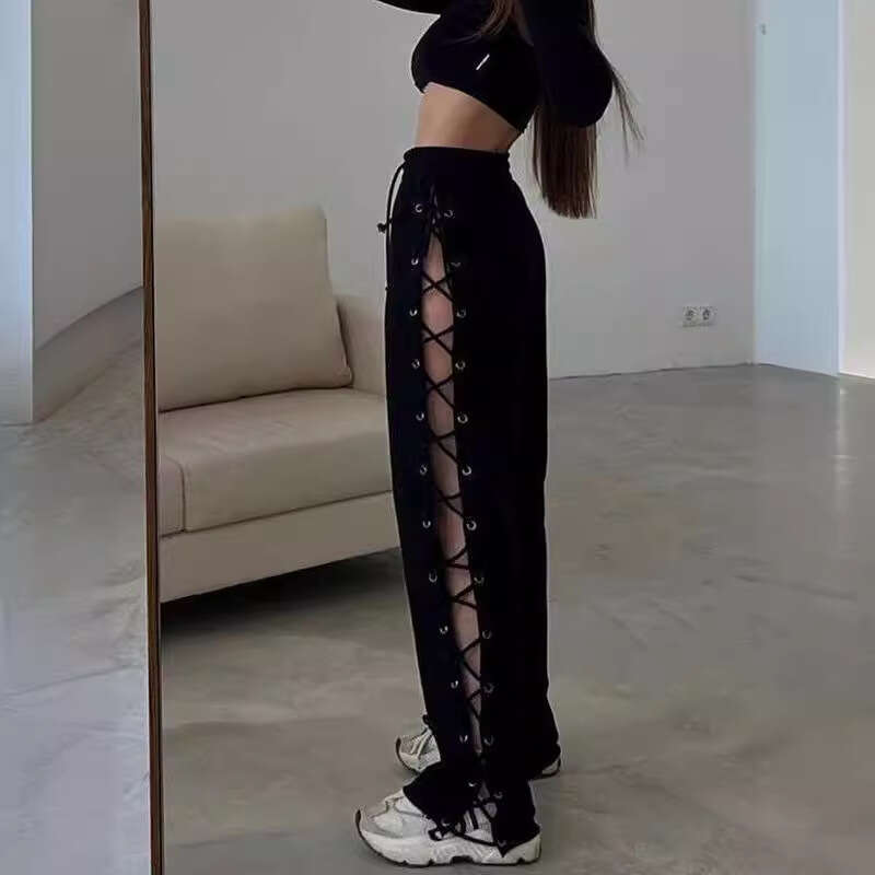 European And American Women's New Street Slim Fit Side Slit Chicken Eye Strap Hollow Out Versatile Wide Leg Pants
