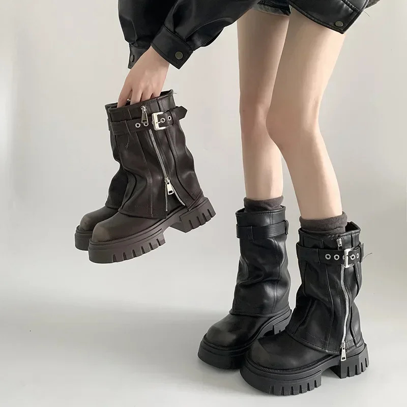 Winter Women Biker Boots Fashion Belt Buckle Ladies Elegant Platform Long Pipe Booties Casual Womens Knee High Booties2024 241213