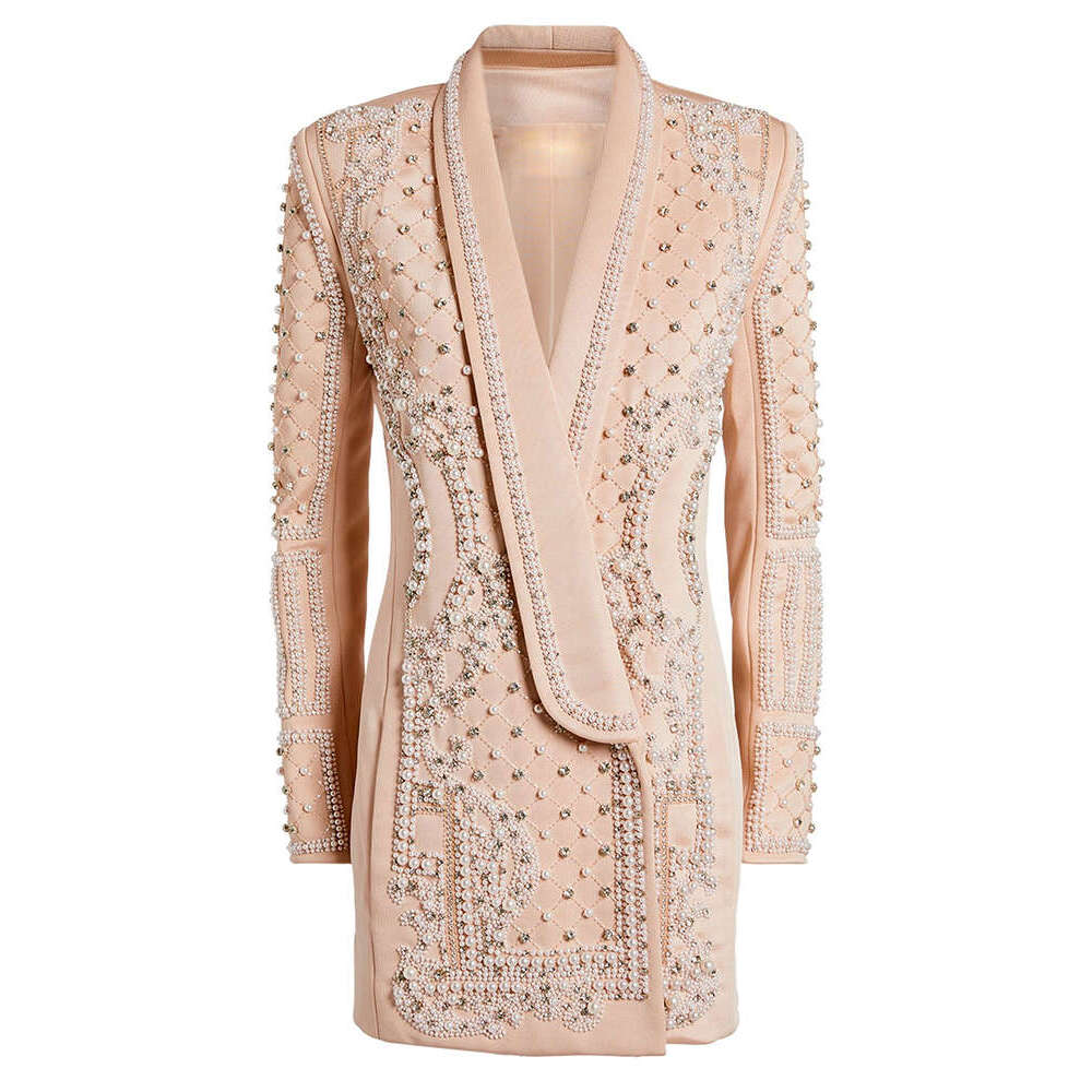 Ladies' Suit TOP QUALITY Newest Fashion Designer Women's Shawl Collar Stunning Dias Pearls Beaded Blazer Dress