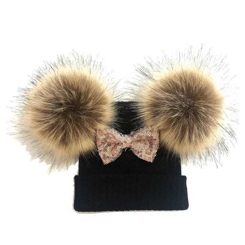 Baby Girl Knit Glitter Bow Knot Double Pompom Hat Faux Fur Winter Cap For Kids Children Beanie BonnetXJ241213