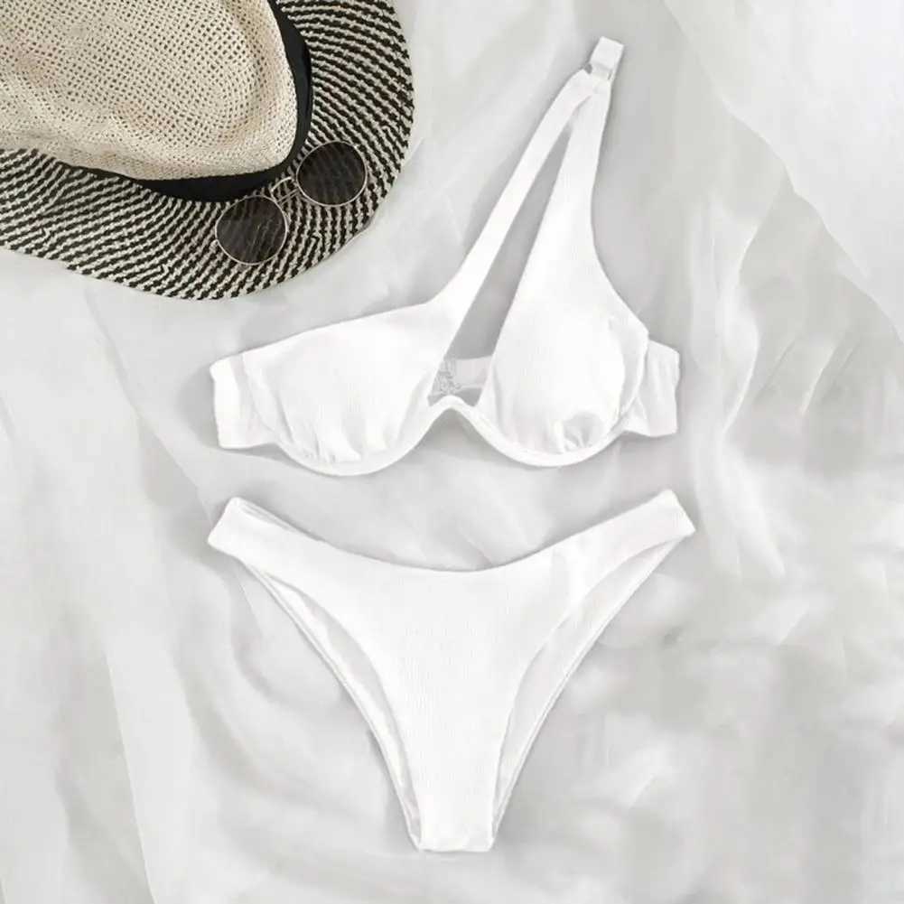 Two-piece Swimsuit Set Stylish One-shoulder Bikini Set with High Waist for Women Solid Color Beachwear Swimwear with UnderwireXJ241212