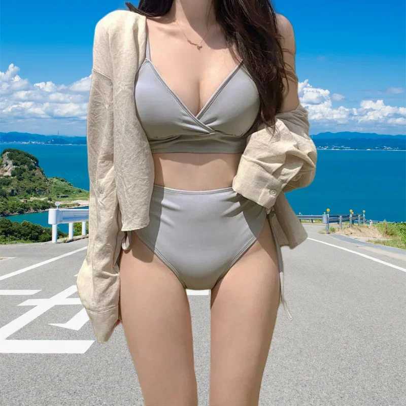 xgnvpy New South Korean split swimsuit fa solid color tight height waist thin draw pats gathered triang bikiniXJ241212