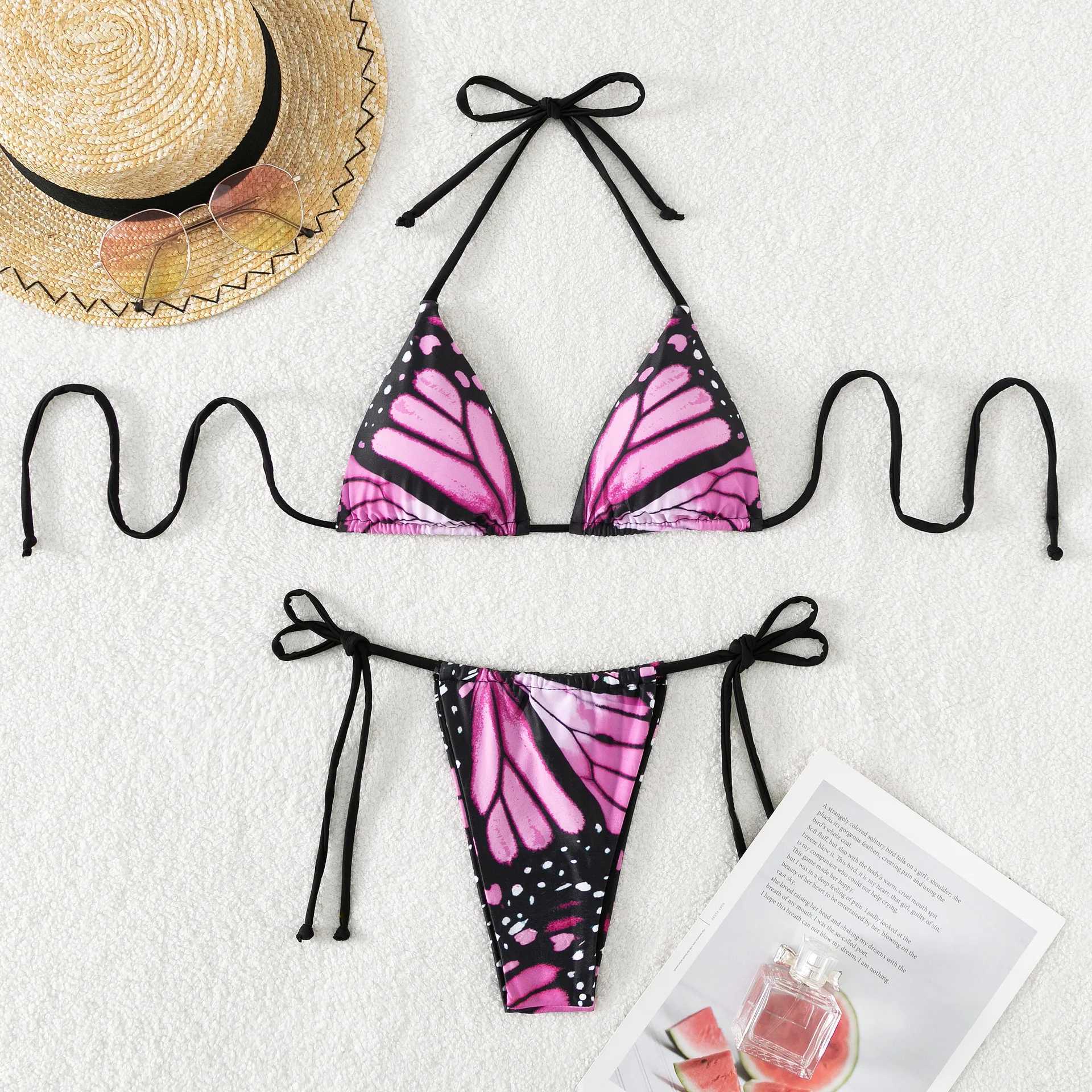 Sexy women print halter string micro bikini sets two pieces swimsuit Swimwear bathing suit beach outfits biquiniXJ241212