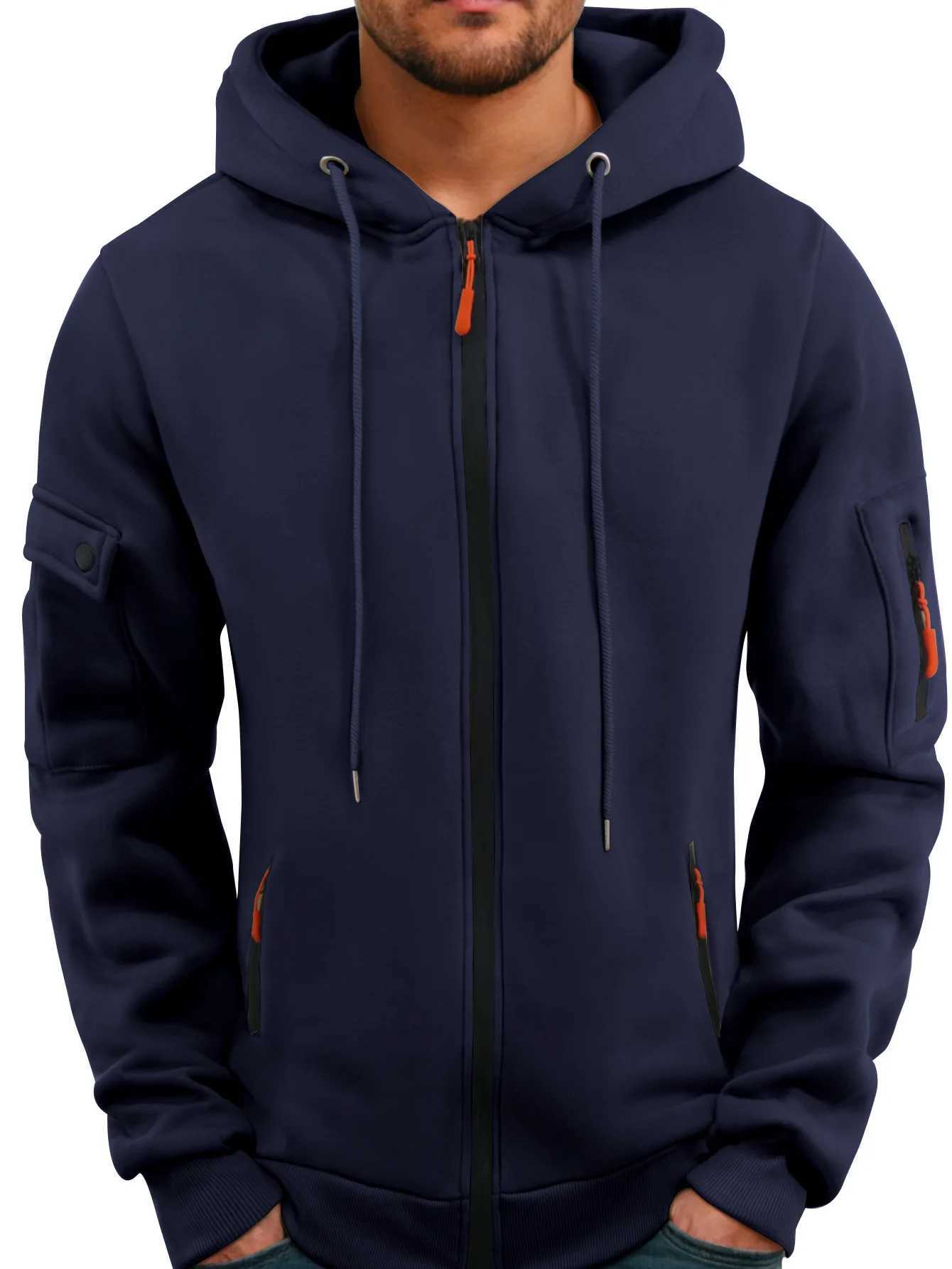 Autumn and Winter Mens New Outdoor Sports Tool Style Casual and Comfortable Open Zipper Solid Color Arm Pocket Hoodie W241213
