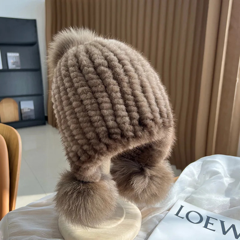 Winter selling womens real mink fur hat knitted mink ear warm hat spiral bean hat with fox fur fluffy top 241205
