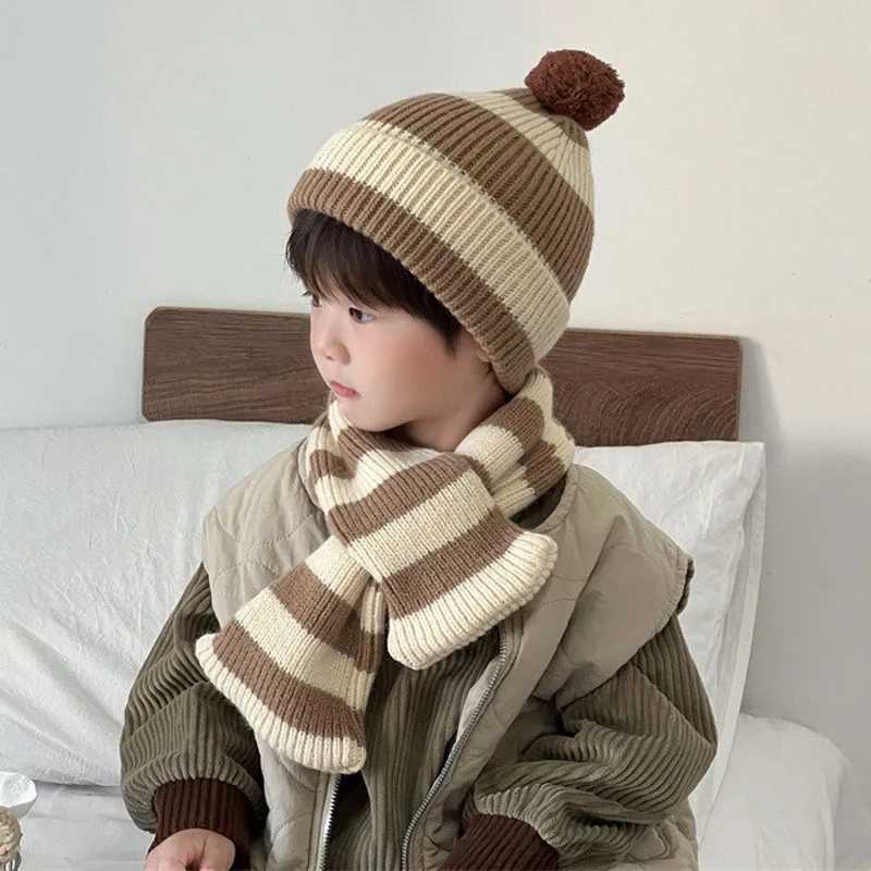 Scarves Wraps 1-8Y Children Caps Scarf Set Autumn Winter Thicken Warm Girls Baby Knitted Hats Neckerchief Fashion Korean Striped Kids Scarves H241213