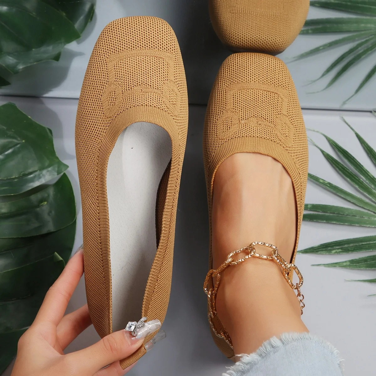 Womens Flat Shoes Solid Color Knitted Slippers Casual Breathable Ballet Soft Shoes Womens Flat Shoes Zapatos De Mujer 241213