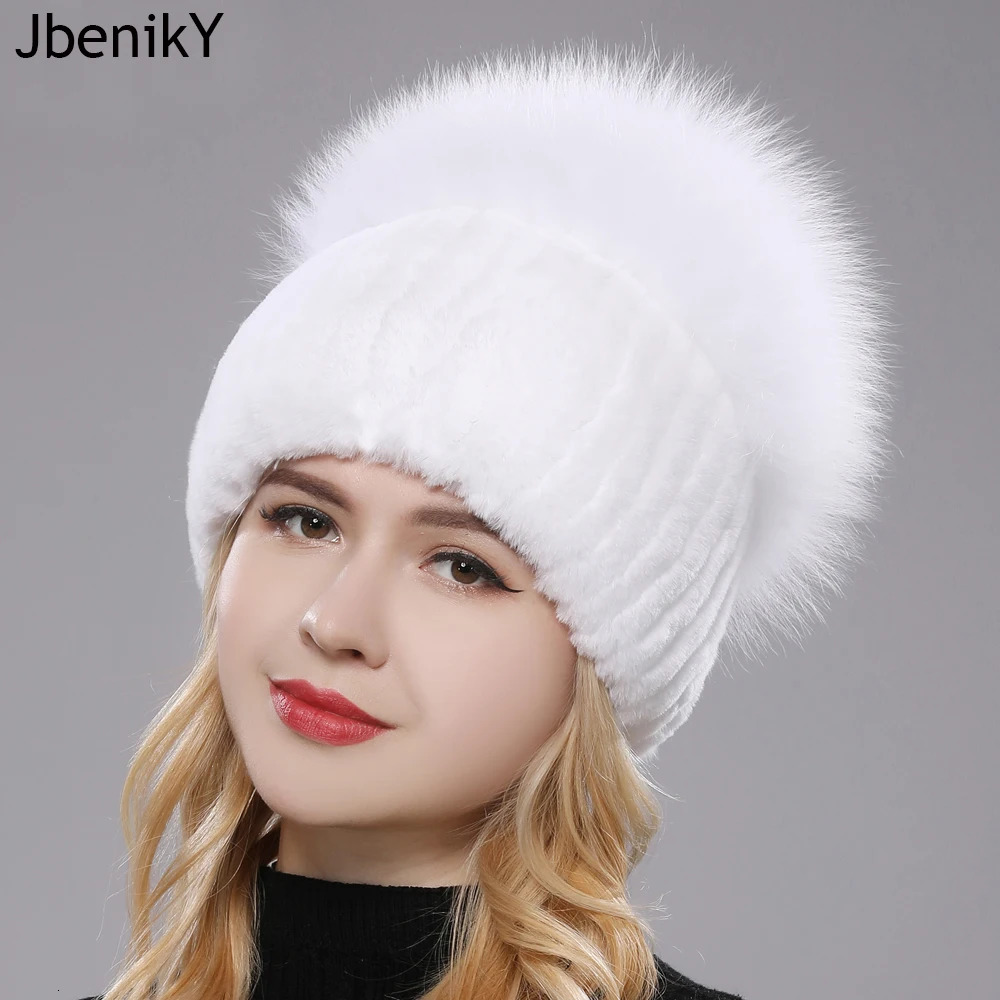 Russian Style Womens Genuine Fox Fur Hat for Girls Natural Genuine Rex Rabbit Fur Skull Hat Knitted Winter Genuine Fur Hat 241205