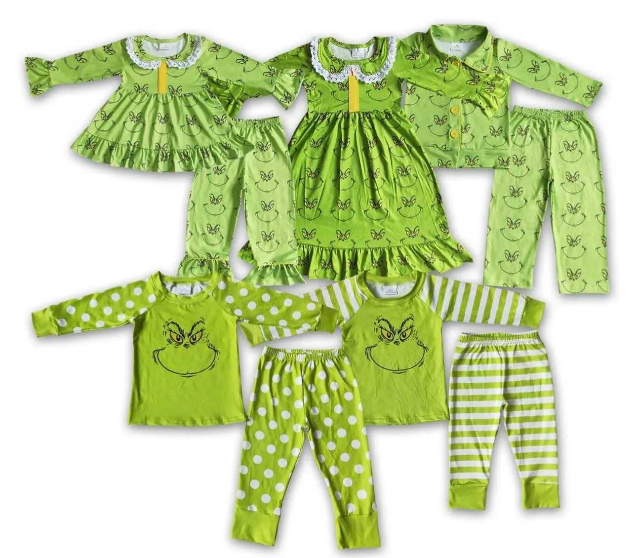 Fashionable Christmas boy and girl matching green character long sleeved pajamas set wholesale boutique childrens clothing W241213