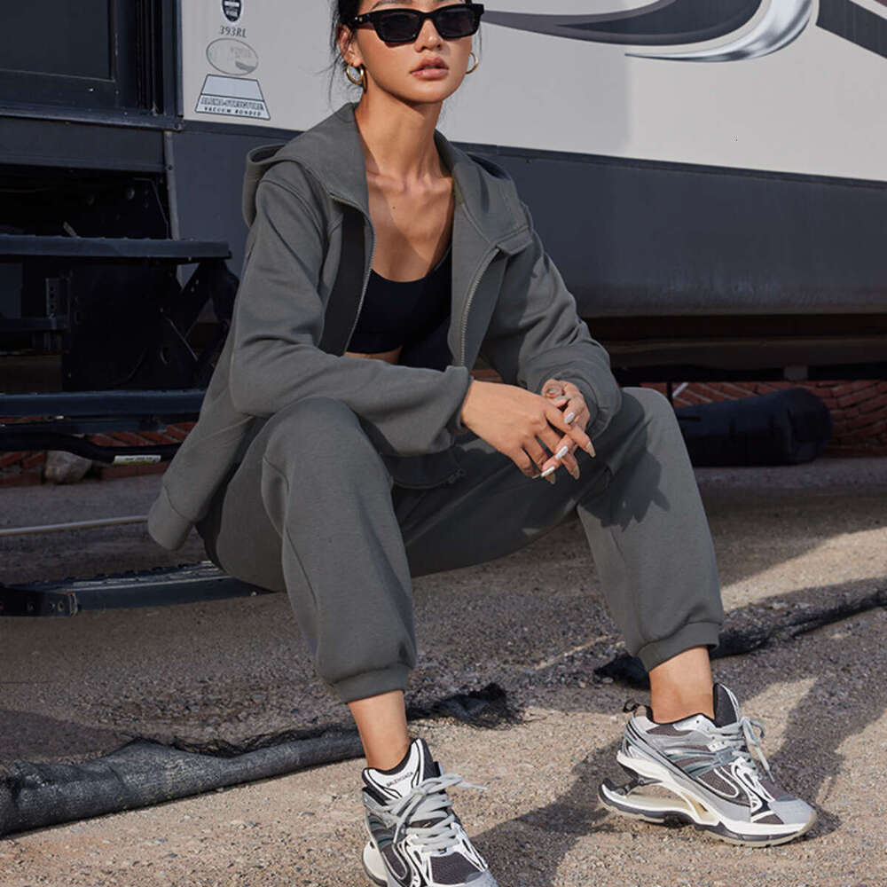 Spring Autumn European American Women's Solid Color Hooded Long Sleeved Ankle Binding Sports Two-Piece Set, Trendy Clothing, Fashionable And Casu