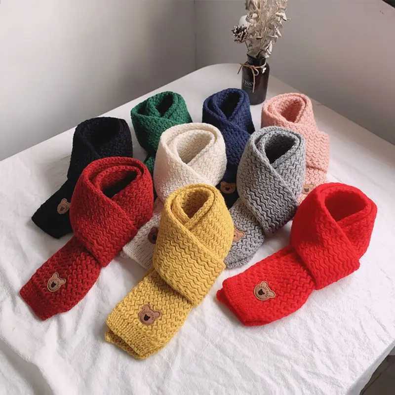 Scarves Wraps Winter Knitted Wool Scarf for Baby Cute Cartoon Bear Infant Short Scarves Korean Warm Solid Color Kids Boys Girls Neckerchief H241213