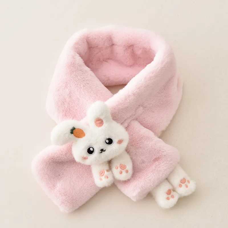 Scarves Wraps Korean Boys Girls Winter Thick Plush Cross Childrens Scarf Baby Bib Cute Cartoon Rabbit Faux Fur Neck Protection Warm Shawl H241213