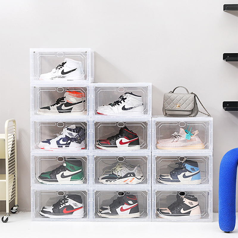 Assembly free integrated magnetic side opening basketball shoe box acrylic transparent storage shoe box foldable and easy to use with just one pull