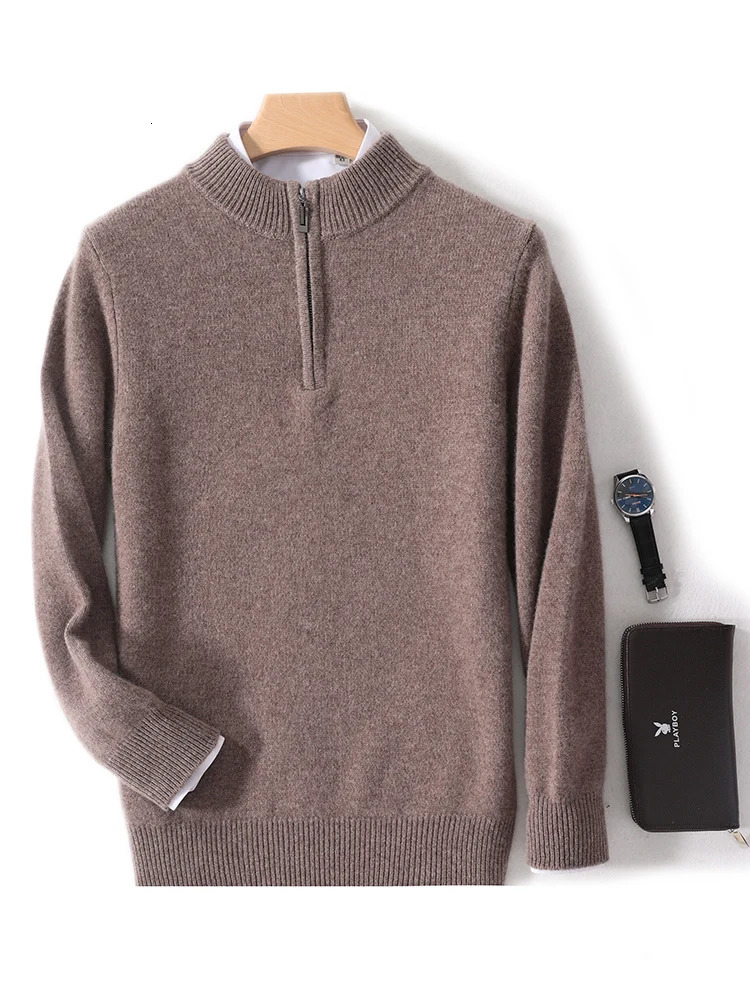 Men Mock Neck Zipper Sweaters 100% Merino Wool Pullover Casual Fashion Clothing Autumn Winter Thick Cashmere Knitwear Tops 241213