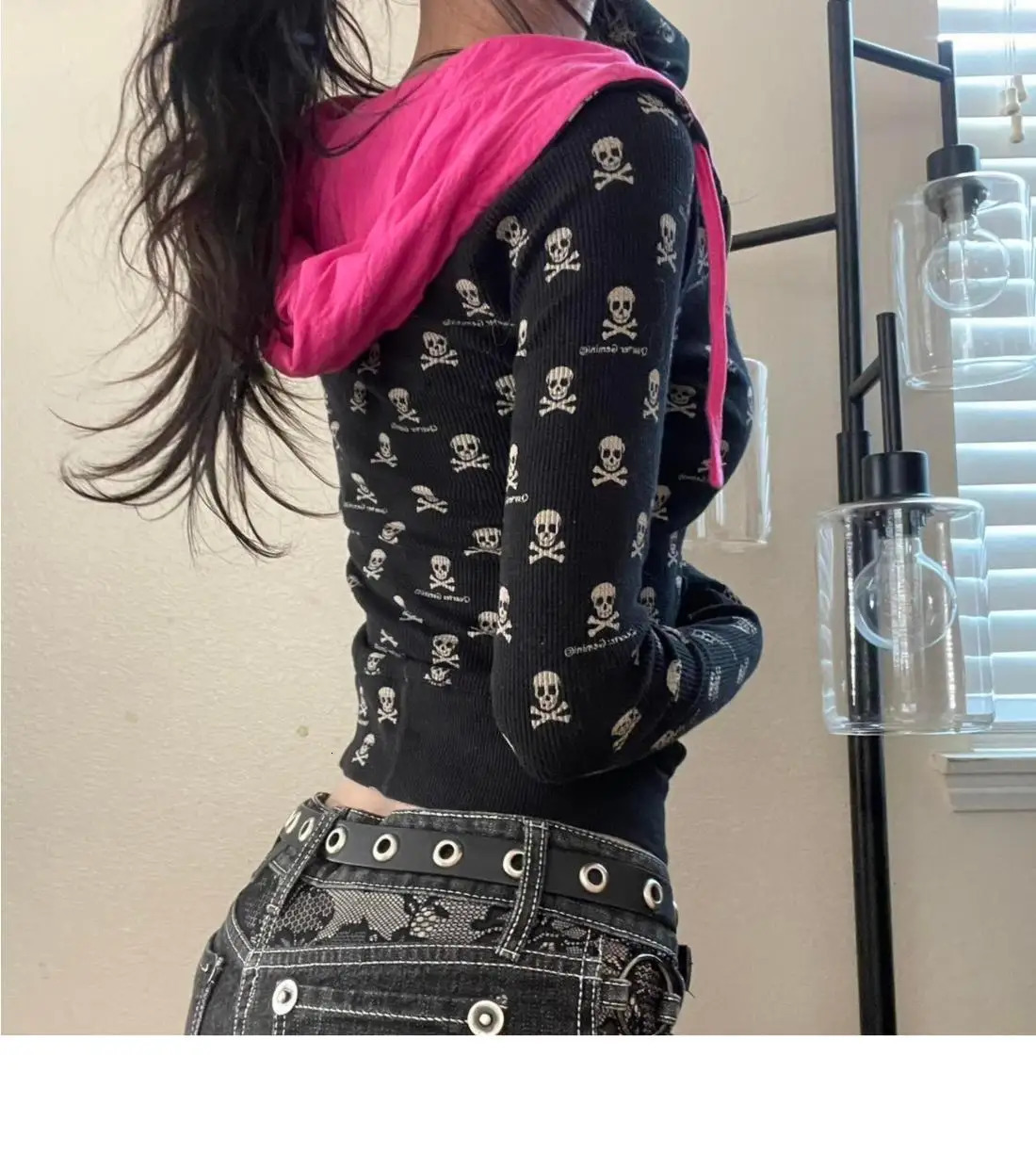 Y2k Clothing Skeleton Punk Girl Ultra Thin Zipper Hoodie Gothic 2000s Street Womens Top Outdoor Harajuku Retro 241212