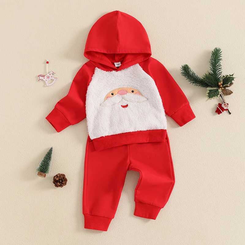 Christmas Set for Preschool Boys and Girls Santa Claus Embroidered Long Sleeve Hoodie Elastic Waist Pants W241213