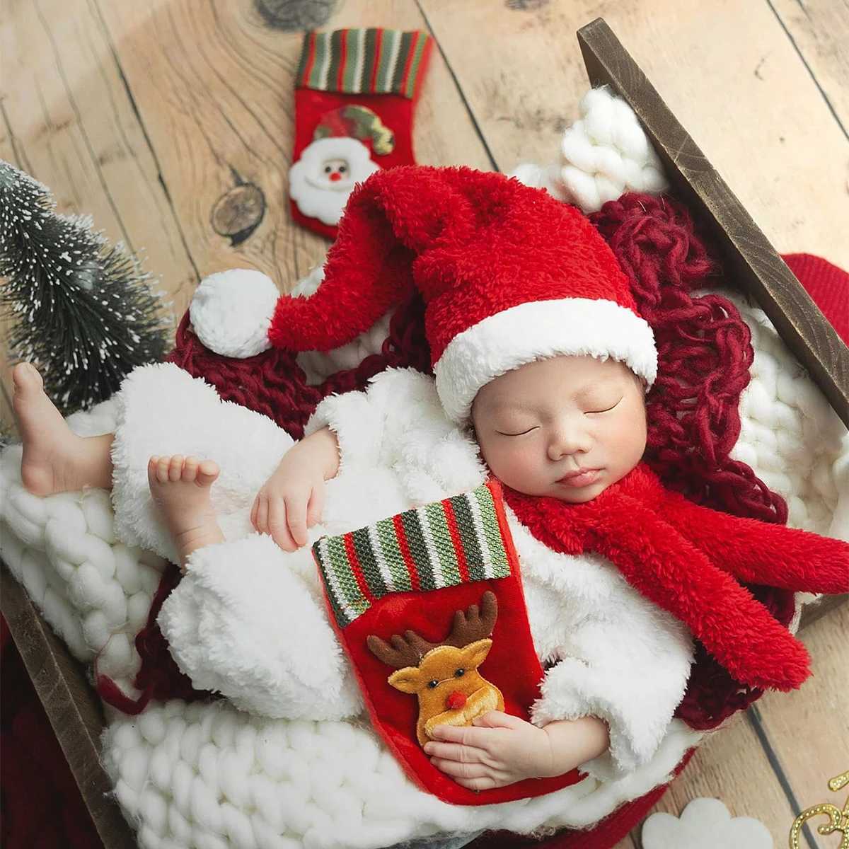 Scarves Wraps Ylsteed 3 Pieces Set Newborn Christmas Outfit for Photo Shooting Baby White Jumpsuit Suit with Hat Scarf Infant Photo Props H241213