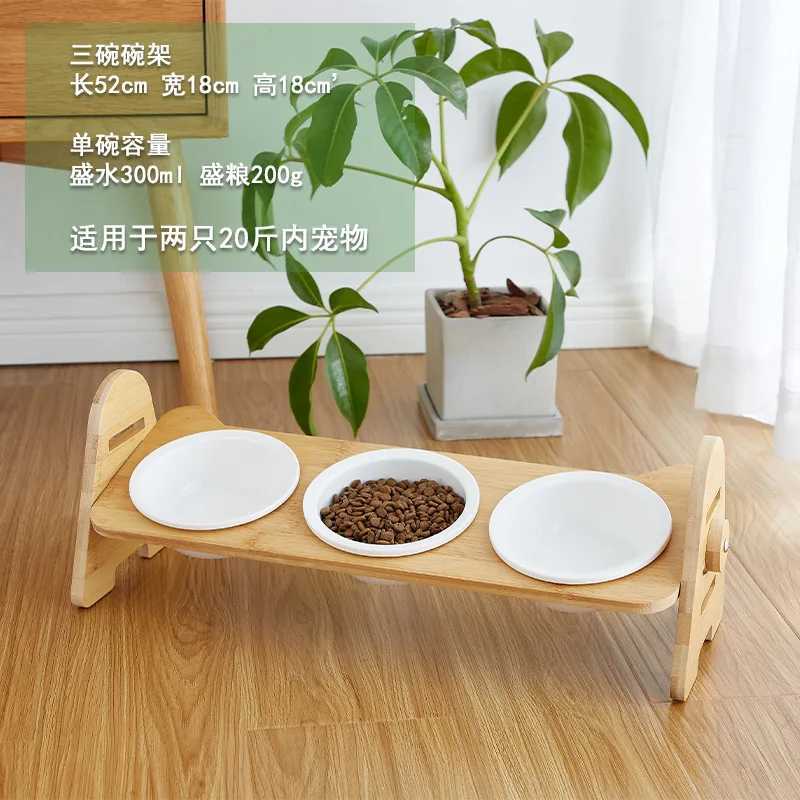 Cat Feeders Bamboo Elevated Puppy Cat Bowls with Stand Adjustable RaisedCat Food Water Bowls Holder Rabbit Feeder for Small Medium Pet z241213