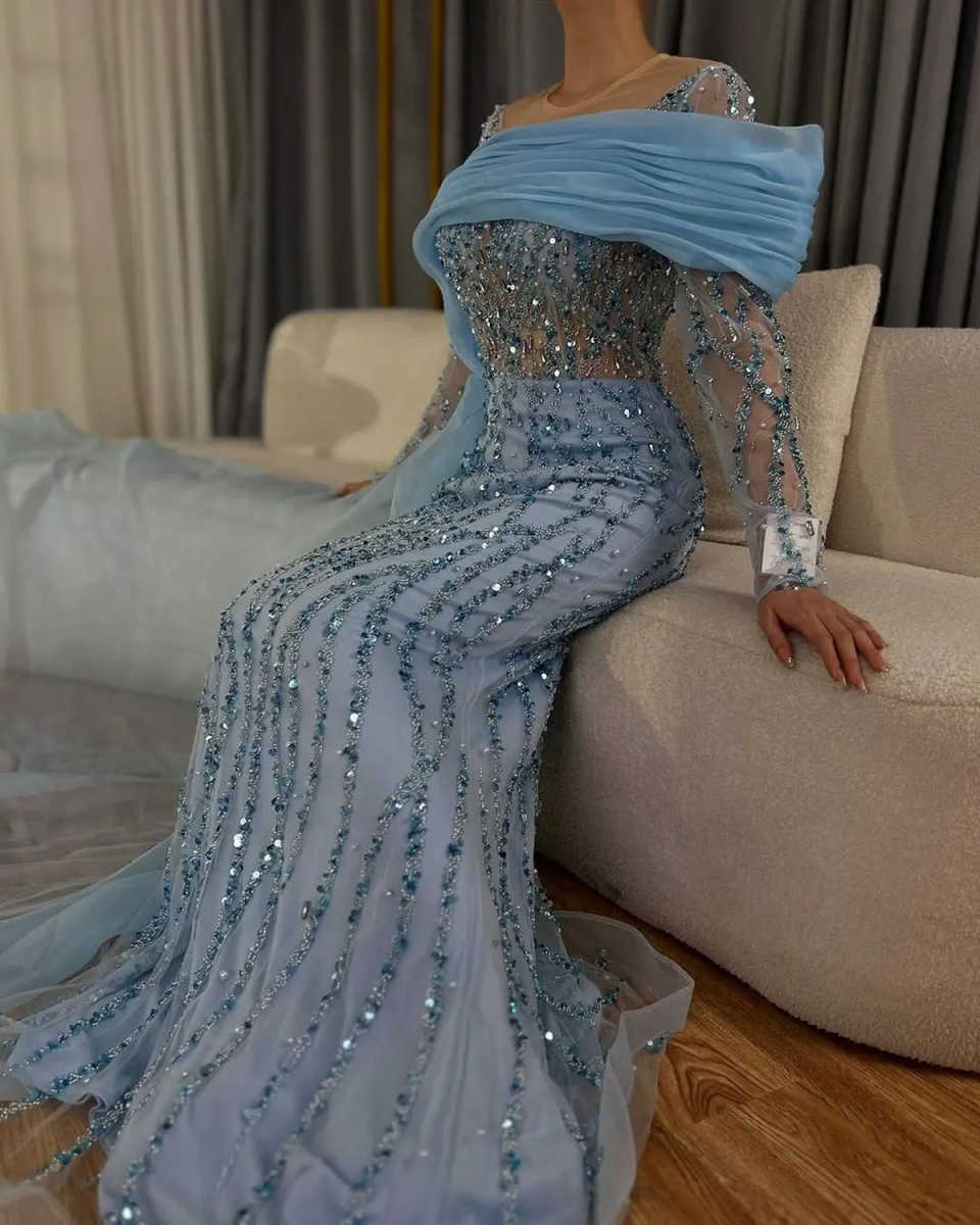 Classic Evening Dresses For Women Sheer Neck Long Sleeves Gown Sequins Prom Party Sweep Train Customized Dress