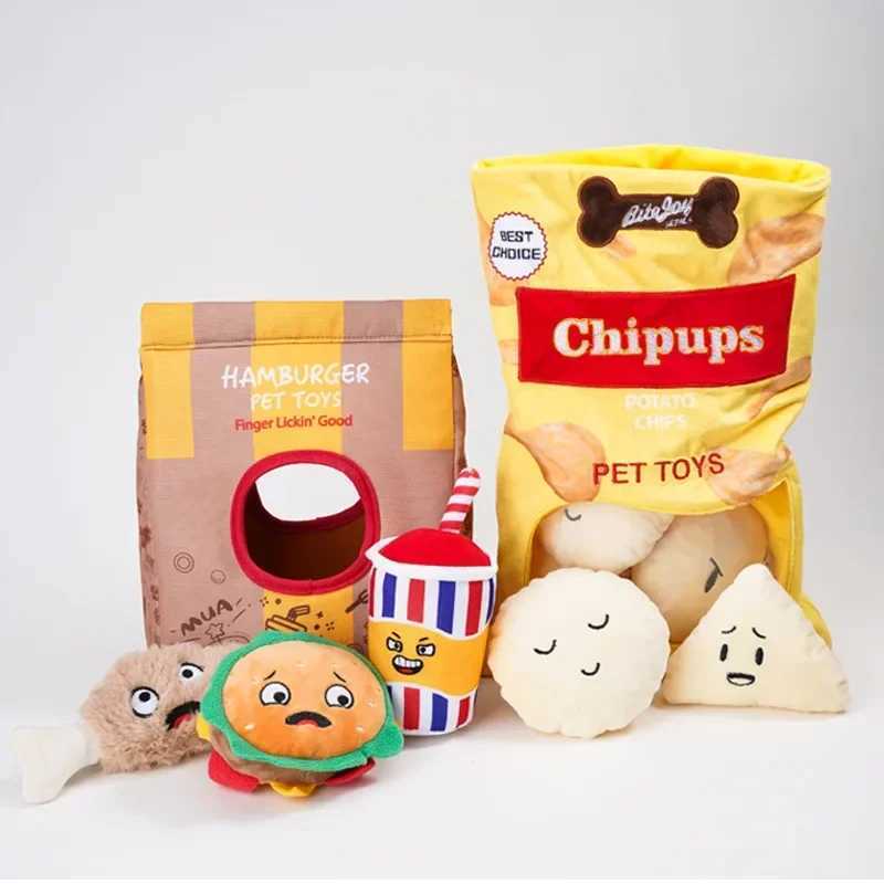 Dog Squeak Toys Set Pet Sniffing Plush Hamburger Fries Toy Puzzle Dog Toy Interactive Dog Feeder Chew Toys X241213