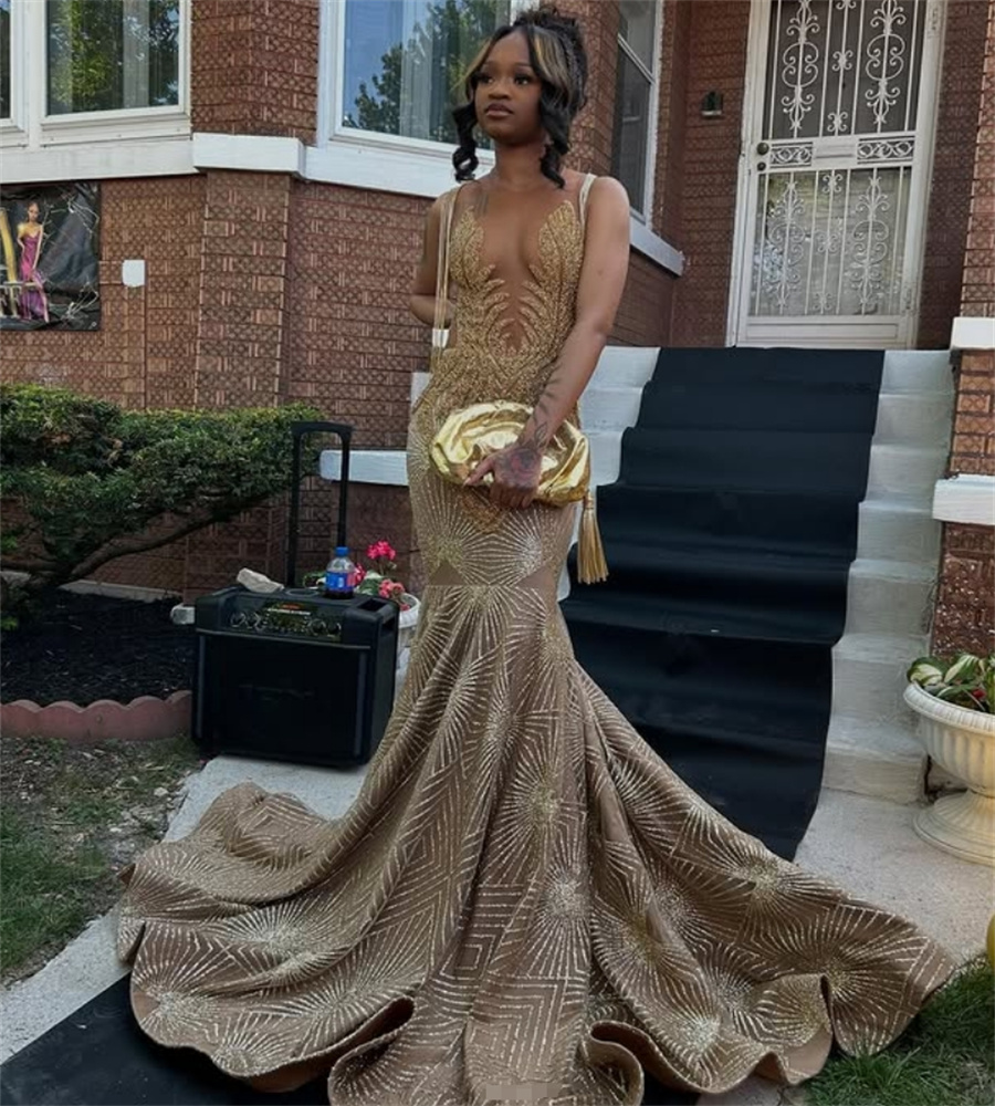 Luxury Champagne Sequin Evening Dresses With Beaded Mermaid Sparkly Prom Dress Tassle Black Women Formal Dress Shine Crystal Birthday Gown Vestio De F