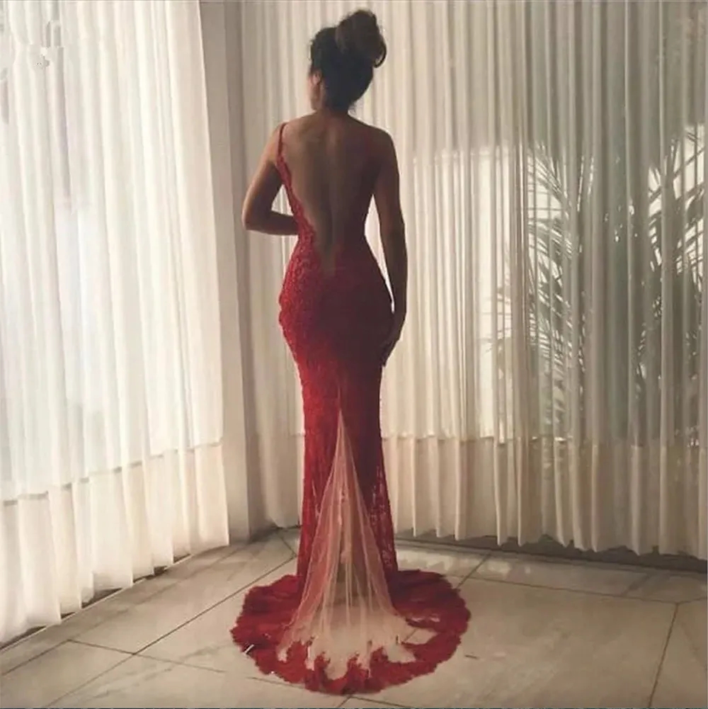 Sexy Burgundy Lace Evening Dresses Backless V Neck Appliques High Split Mermaid Formal Prom Party Gowns Robe De Soiree Vestidos Ba6811 B0313