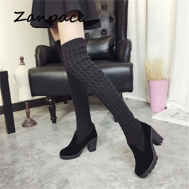 Winter Warm Womens Boots Womens Knee High Heels Thick Knitted High Heels Dome Womens High Heels Large Size 35-40 241213